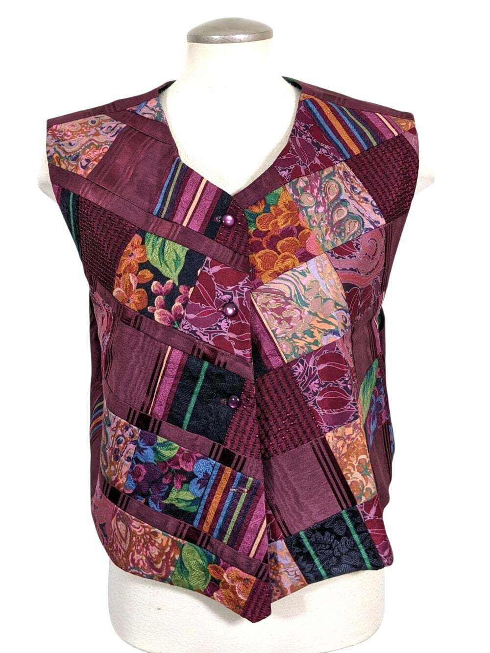 Womens Vintage Vest Handmade Reversible Patchwork Paisley Floral Boho Burgundy